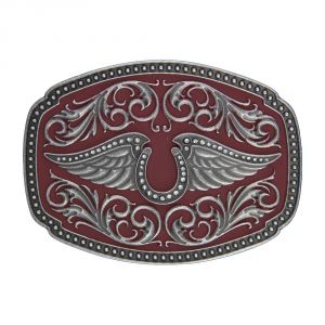 Montana Silversmiths Rock 47 Tattoo Art Horseshoe on Wings Red Paint Buckle (A356)